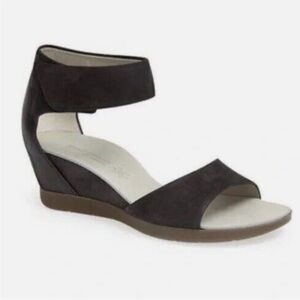 Paul Green Tammy Wedge Sandal US Size 7.5 Black Nubuck Leather Comfort Open Toe‎